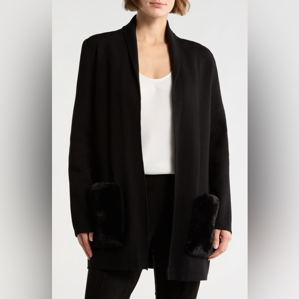 🆕 T Tahari Black Open-Front Cardigan with Faux Fur Pockets (Size Small) - NWT - Picture 1 of 6